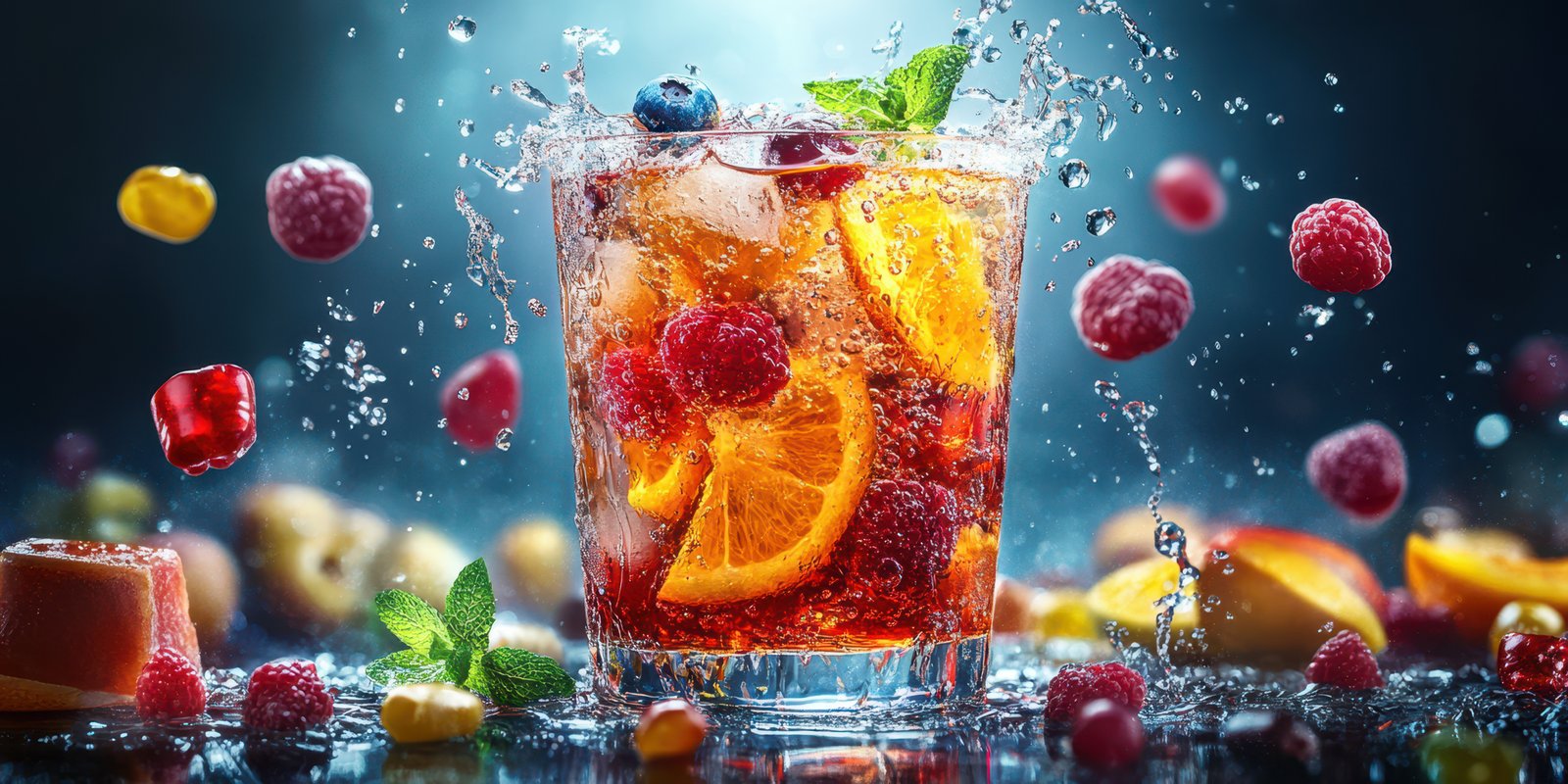 Refreshing summer cocktail splashes with fruits and mint leaves in a vibrant setting